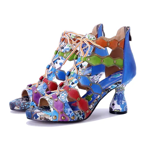 Dames Boheemse Handgewreven Schapenvacht Leer Romeinse Sandalen Met Hoge Hak Patchwork Klinknagels Bandjes Voor Vakantie Feest