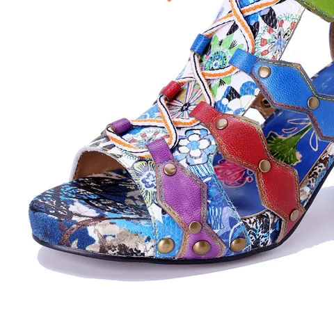 Dames Boheemse Handgewreven Schapenvacht Leer Romeinse Sandalen Met Hoge Hak Patchwork Klinknagels Bandjes Voor Vakantie Feest