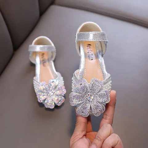 Girls Rhinestone Princess Mary Jane Shoes Glitter Flowers Wedding Performance Dance Shoes For Kids