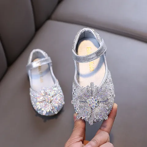 Girls Princess Rhinestone Shoes Snowflake Flower Bow Sparkly PU Mary Jane Dress Shoes For Wedding Party Performance