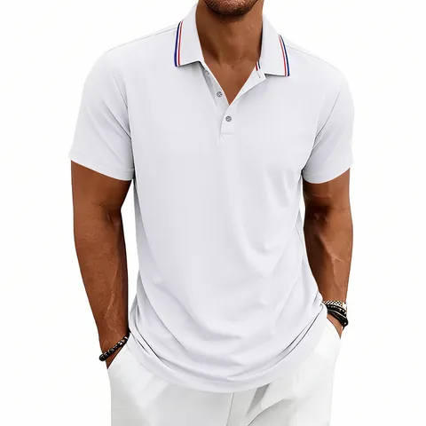 Men's Quick Dry Athletic Golf Polo Shirt Contrast Stripe Collar Loose Fit Short Sleeve Breathable Casual Sport Top