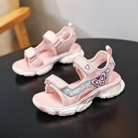 Girls Casual Sandals Synthetic Leather Butterfly Heart Sequin Hook And Loop Soft Sole Non-Slip Breathable Beach Shoes