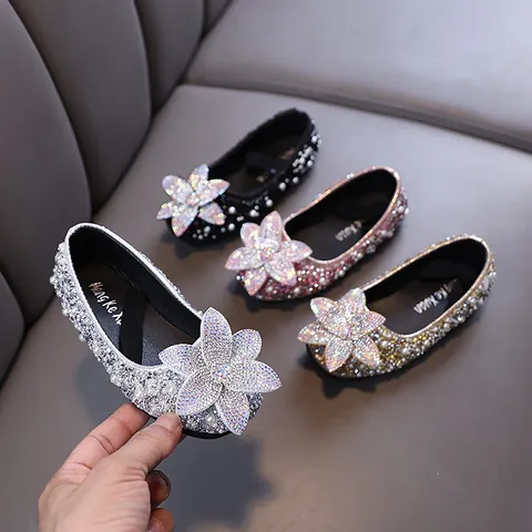 Girls Princess PU Leather Shoes Sparkling Rhinestone Artificial Pearl Floral Wedding Dance Performance Shoes For Little Kids