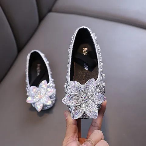 Girls Princess PU Leather Shoes Sparkling Rhinestone Artificial Pearl Floral Wedding Dance Performance Shoes For Little Kids