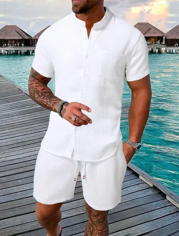 Men Casual Waffle Texture Top And Bottom Set Short Sleeve Stand Collar Shirt And Drawstring Shorts Summer Beach Vacation Outfit