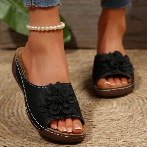 Sandalias de Cuña para Mujer Decoración de Flores Suela Gruesa Pantuflas Informales de Verano PVC EVA Chanclas de Exterior Blanco