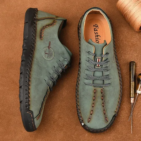 Herren Casual Mikrofaser Leder Loafer Handgenäht Gummisohle Schnürschuhe Business Oxford Weich Atmungsaktiv Flach