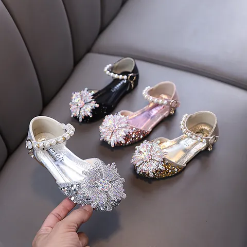 Girls Princess Rhinestone Dress Shoes Shiny Glitter Wedding Party Dance Flats With Artificial Pearl Strap Elegant Banquet Formal Shoes For Kids