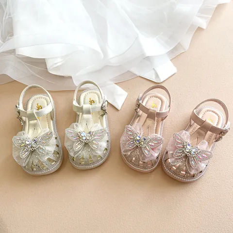 Mädchen Prinzessin Sandalen Sommer Schleife Strass Netz Weiche Sohle Rutschfest Geschlossene Zehe Kleiderchuhe Für Kleinkinder Kinder