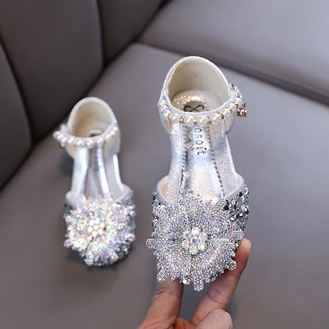 Girls Princess Rhinestone Dress Shoes Shiny Glitter Wedding Party Dance Flats With Artificial Pearl Strap Elegant Banquet Formal Shoes For Kids