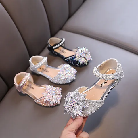 Girls Princess Dress Shoes Rhinestone Floral Pearl Mary Jane Flat Shoes For Wedding Dance Party Kids Sparkling PU Leather Shoes