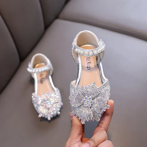 Girls Princess Dress Shoes Rhinestone Floral Pearl Mary Jane Flat Shoes For Wedding Dance Party Kids Sparkling PU Leather Shoes