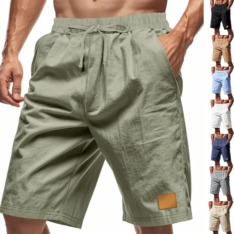 Pantaloncini in Lino da Uomo Estivi Allentati Traspiranti da Spiaggia Sportivi Casual Pantaloni a Cinque Punti Gamba Dritta Coulisse in Vita Comodi Pantaloncini da Uomo