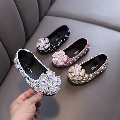 Girls Rhinestone Princess Shoes PU Leather Artificial Pearl Flower Performance Shoes Lady Style Kids Formal Party Dance Flat Shoes