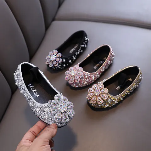 Girls Princess Rhinestone Shoes Artificial Pearl Glitter Performance Dance Single Shoes Floral Decoration Lady Style Party Shoes