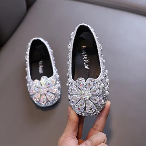 Girls Princess Rhinestone Shoes Artificial Pearl Glitter Performance Dance Single Shoes Floral Decoration Lady Style Party Shoes