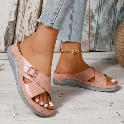 Women Summer Wedge Sandals PU Leather Cross Strap Buckle Perforated Platform Slides Casual Beach Flip Flops