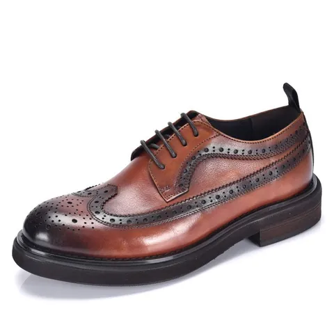 Men Genuine Leather Brogue Shoes Wingtip Carving Round Toe Height Increasing Thick Sole British Business Casual Shoes