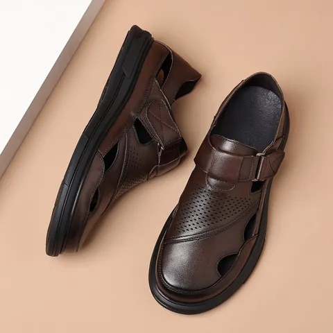 Sandalias Casuales de Cuero de Vaca de Primera Capa para Hombre Calado Transpirable Antideslizante Zapatos para Padre Suela Suave