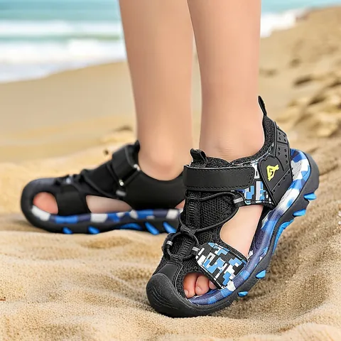 Boys Closed Toe Sports Sandals 2025 Summer New Soft Anti-Slip Beach Shoes Kids Camouflage Mesh Synthetic Leather Magic Tape Athletic Outdoor Sandals