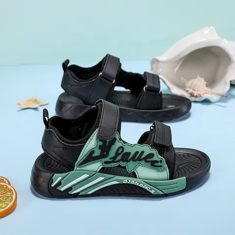 Boys Sports Sandals Summer 2025 New Kids Sandals Non-slip Soft Sole Beach Shoes Hook And Loop Synthetic Leather Sandals