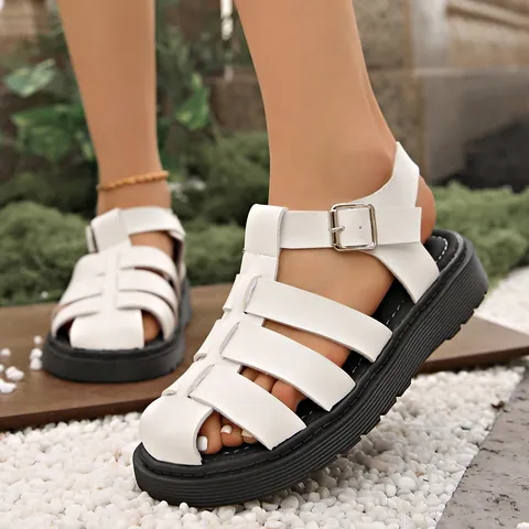 Women's Vintage Woven Roman Sandals Platform Closed Toe Fisherman Sandals Buckle Casual Beach Flat Sandals PU Leather