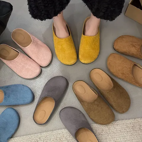 Women Casual Closed Toe Mules Faux Suede Thick Sole Slippers Slip On Korean Style Solid Color Outdoor Walking Shoes