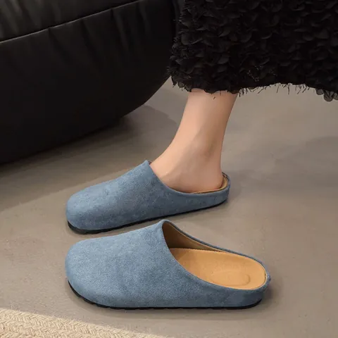 Women Casual Closed Toe Mules Faux Suede Thick Sole Slippers Slip On Korean Style Solid Color Outdoor Walking Shoes