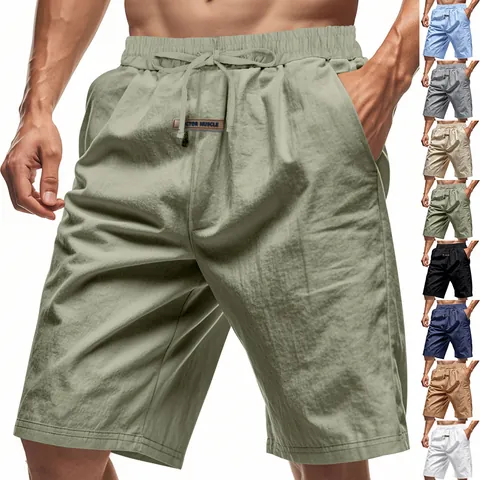 Men's Summer Linen Breathable Shorts Casual Elastic Waist Drawstring Beach Shorts Loose Hip Hop Five Point Pants
