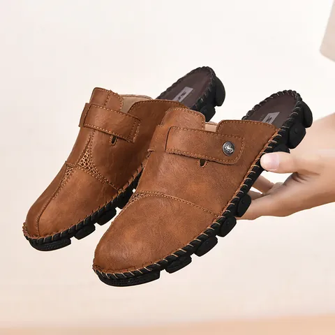 Men Casual Microfiber Leather Mules Hand Stitched Summer Outdoor Slides Flat Non-Slip Clogs With Metal Buckle Daily Sandals