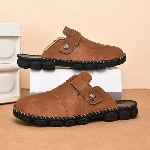 Men Casual Microfiber Leather Mules Hand Stitched Summer Outdoor Slides Flat Non-Slip Clogs With Metal Buckle Daily Sandals
