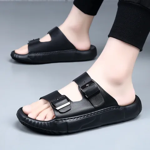 Sandales en Cuir de Vachette de Première Couche pour Hommes Mules d'Été à Double Boucle Chaussures de Plage Antidérapantes Semelle Épaisse EVA