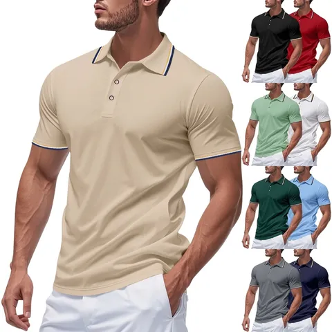Men Polyester Quick Dry Mesh Polo Shirt American Minimalist Contrast Stripe Breathable Golf Sporty Casual Short Sleeve Top