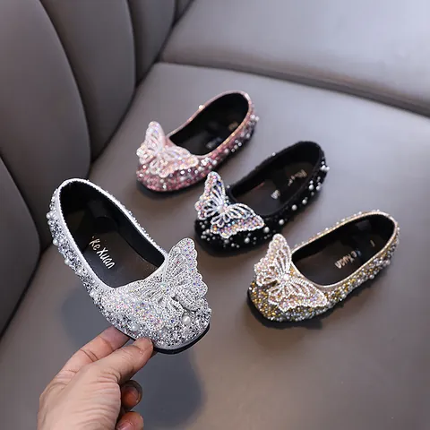 Shiny Rhinestone Bow Girl Princess Shoes Artificial Pearl Wedding Party Dance Single Flat Dress Shoes For Kids