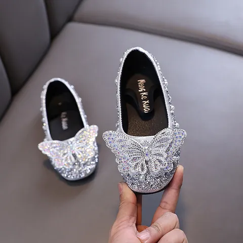 Shiny Rhinestone Bow Girl Princess Shoes Artificial Pearl Wedding Party Dance Single Flat Dress Shoes For Kids