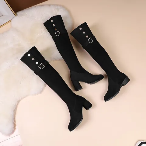Stivali Sopra il Ginocchio in Finta Scamosciata Nera da Donna Moda Tacco Alto Grosso Stivali alla Coscia Dettaglio Fibbia in Metallo