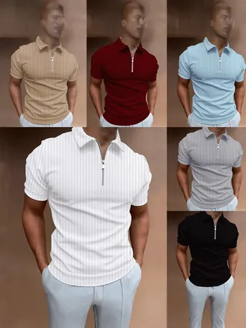 Men's Zipper Polo Shirt Striped Short Sleeve Polyester Breathable Business Casual Summer Top For Men Lightweight Fashion Sport Polo