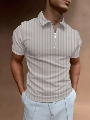 Men's Zipper Polo Shirt Striped Short Sleeve Polyester Breathable Business Casual Summer Top For Men Lightweight Fashion Sport Polo