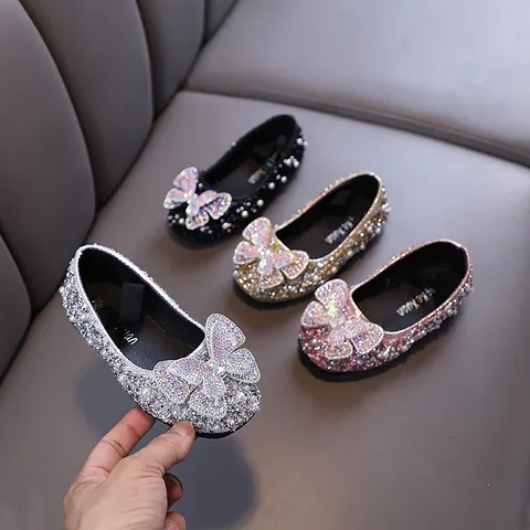 Girls Princess Rhinestone Shoes Artificial Pearl Bow Flat Shoes For Wedding Dance Performance Party Dress Shoes For Toddler