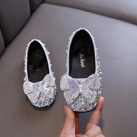 Girls Princess Rhinestone Shoes Artificial Pearl Bow Flat Shoes For Wedding Dance Performance Party Dress Shoes For Toddler