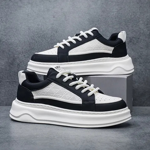 Men Casual Board Shoes Second Layer Cowhide Thick Sole Breathable Low Top Sporty White Sneakers Fashion Lifestyle Shoes