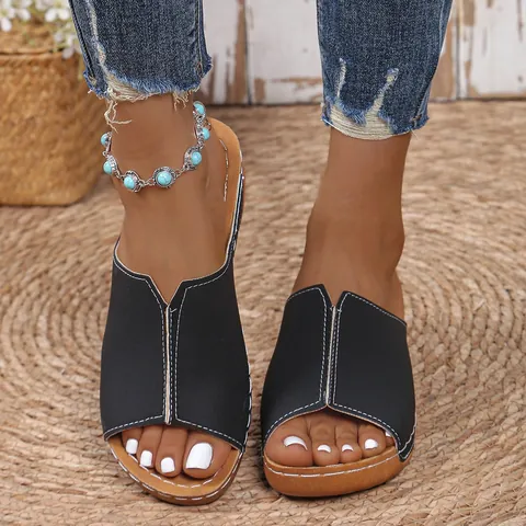 Women's Fashion Platform Slide Slippers Microfiber Upper Contrast Stitching Wedge Sandals Simple Slip On Comfortable Summer Shoes