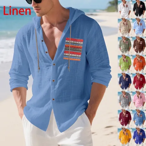 Men Bohemian Linen Hooded Shirt Long Sleeve Casual Loose Beach Yoga Top With Patterned Pocket Summer Vacation Henleys Shirts