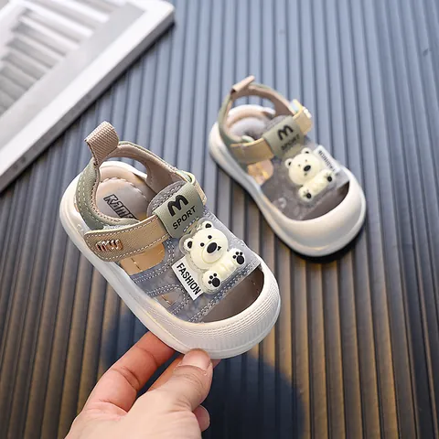 Summer New Toddler Boys Cartoon Bear Anti-Kick Sandals Synthetic Leather Infants First Walkers Non-Slip Breathable Beach Shoes