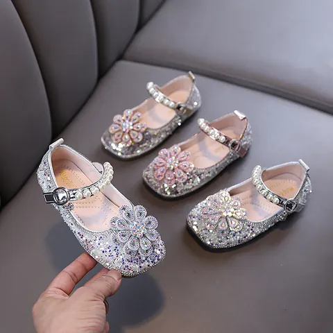 Girls Princess Mary Jane Shoes Rhinestone Pearl Flower Elegant Sequin Dress Shoes For Wedding Dance Performance Party Gold Silver Pink