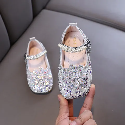 Girls Princess Mary Jane Shoes Rhinestone Pearl Flower Elegant Sequin Dress Shoes For Wedding Dance Performance Party Gold Silver Pink