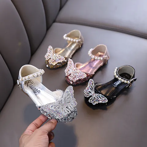 Girls Princess Shoes PU Rhinestone Bowknot Artificial Pearl Dress Shoes For Performance Party Wedding Dancing Single Shoes