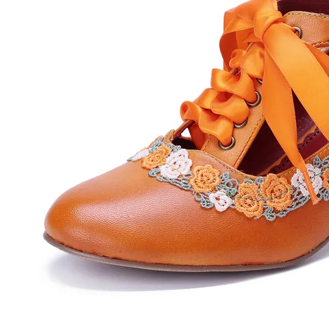 Dames Handgemaakte Schapenvacht Mary Jane Hakken Vintage Gewreven Oranje Kantafwerking Lint Veter Schoenen Met Wijnglas Hak