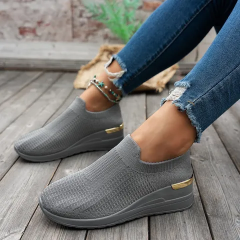 Women's Wedge Sneakers Large Size Fly-knit Mesh Breathable Round Toe Slip-on Fashion Casual Sporty Walking Shoes For Spring Autumn