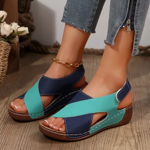 Women's Color Block Wedge Sandals Platform Roman Peep-toe Shoes With Hook And Loop Fastener Synthetic Leather Summer Beach Footwear